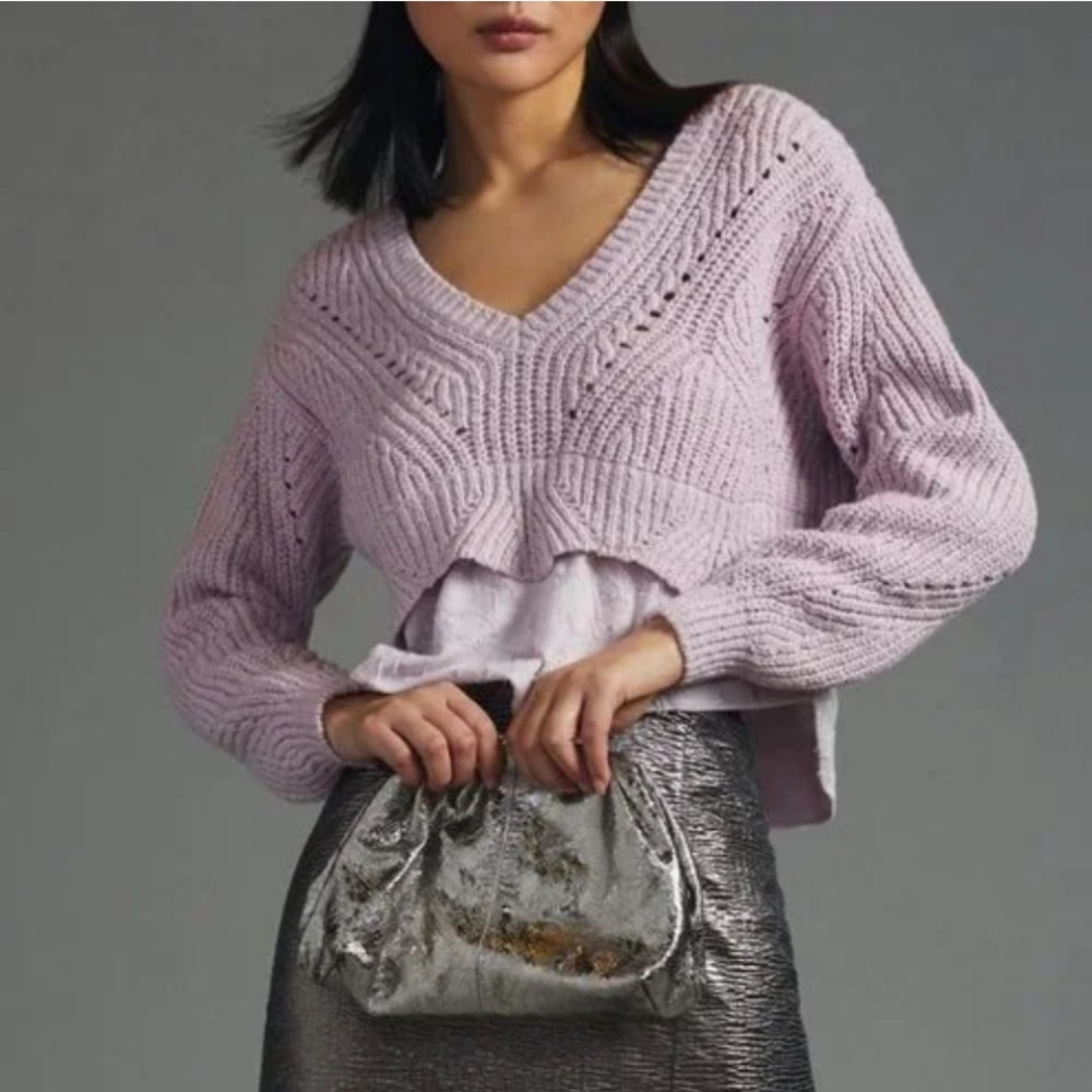 Anthropologie Women Layered Knit Crop Sweater Floral Trim Shirt Lavender XXS